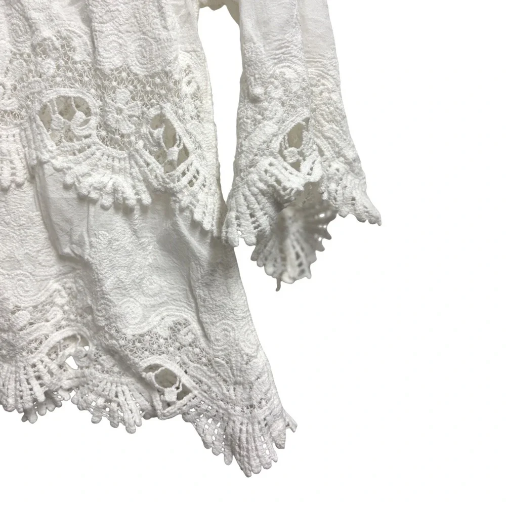 Free People Crochet Lace Embroidered White Blouse Boho Scalloped Tiered Medium
